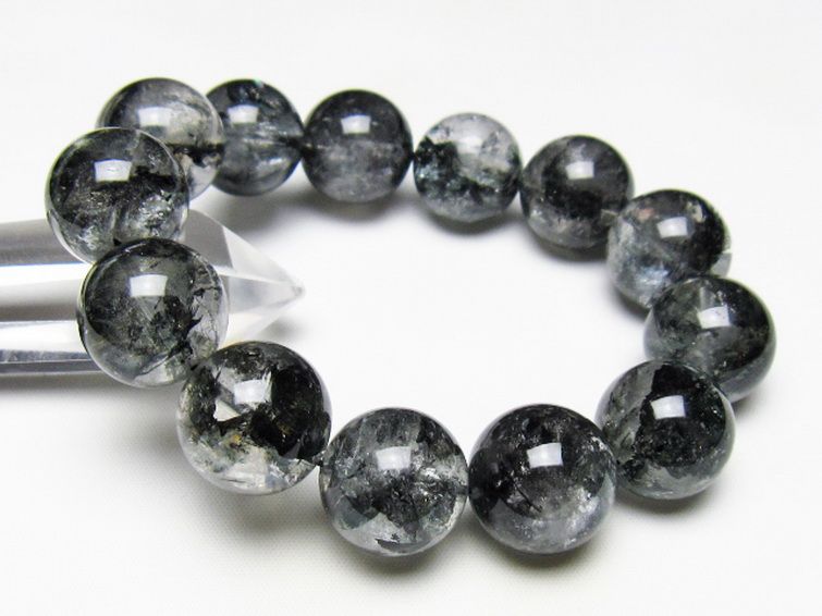 ブラックエレスチャルクォーツ 骸骨水晶 ブレスレット 18mm [t124-5382] 1枚目